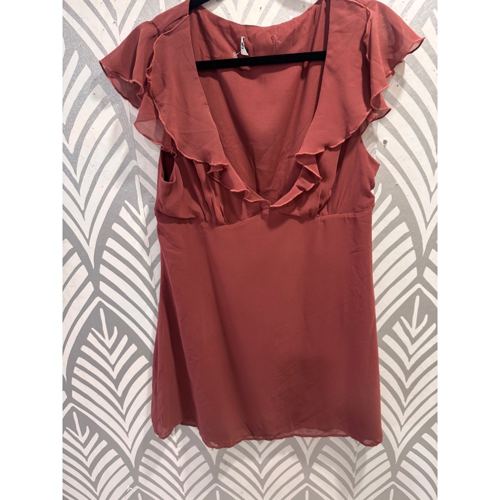 Princess Polly I Guess So Ruffle Mini Dress Flutter Sleeve V-Neck Terracotta 10 - Picture 7 of 8